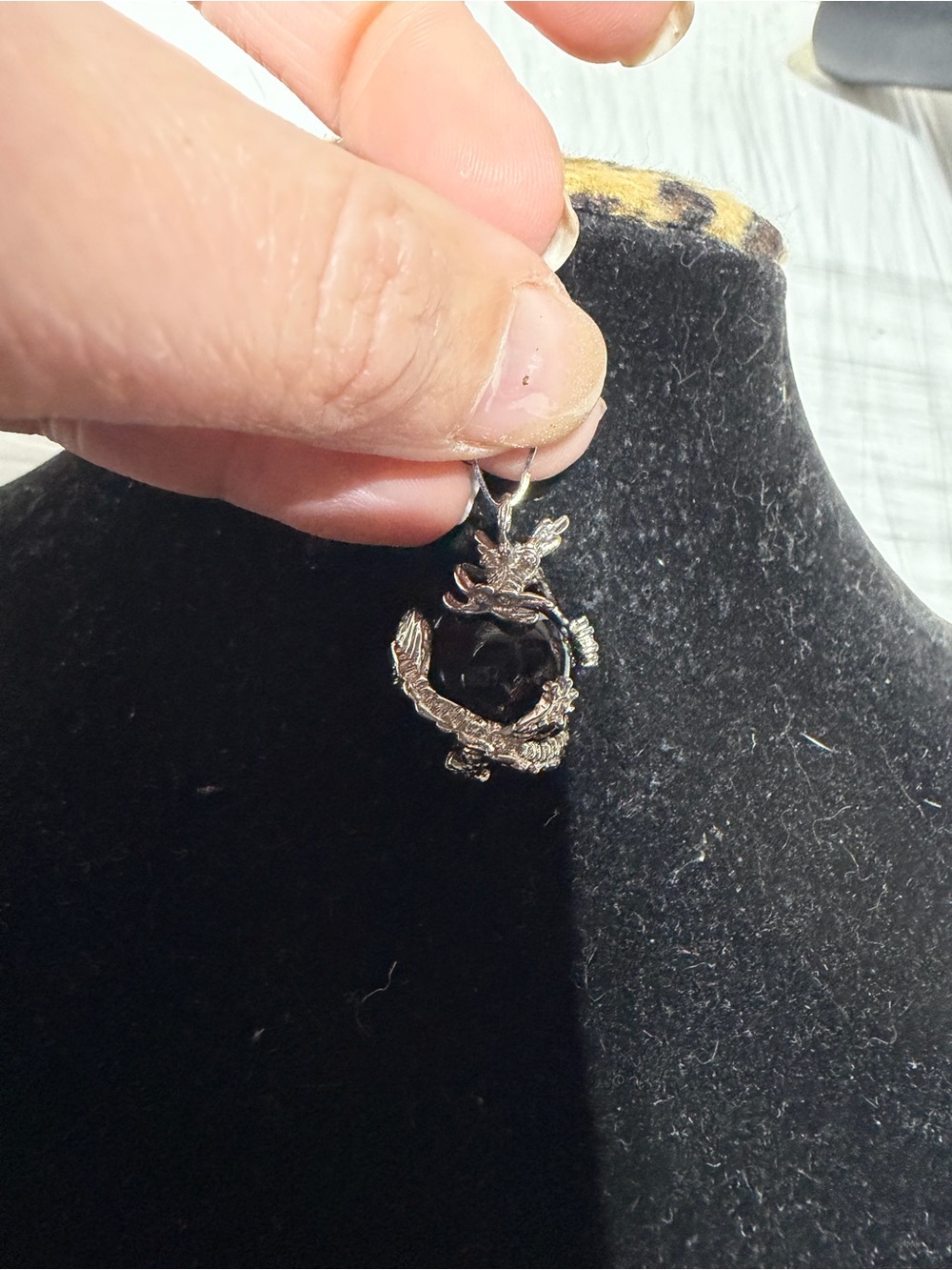 Gothic Silver Tone Dragon Wrapping Black Orb Pendant
